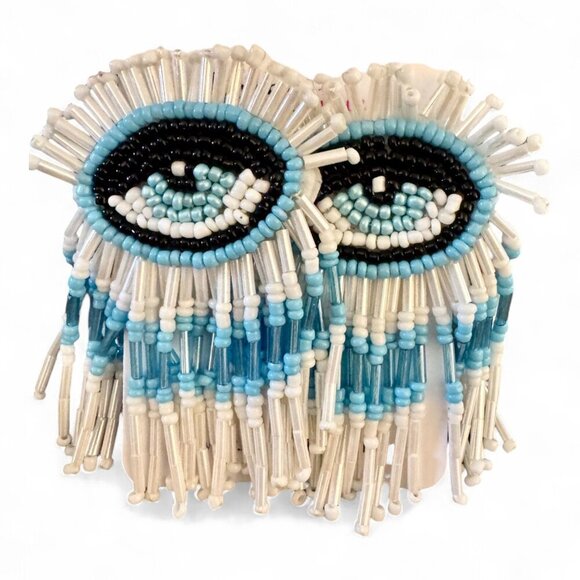 Evil Eye Beaded Fringe Earrings - blue and white - Picture 2 of 3
